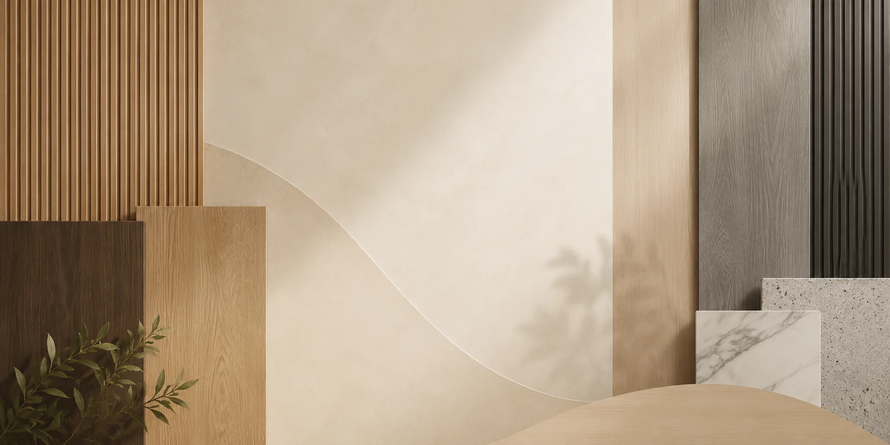 Decorative wall panels and interior surface material samples arranged in a showroom