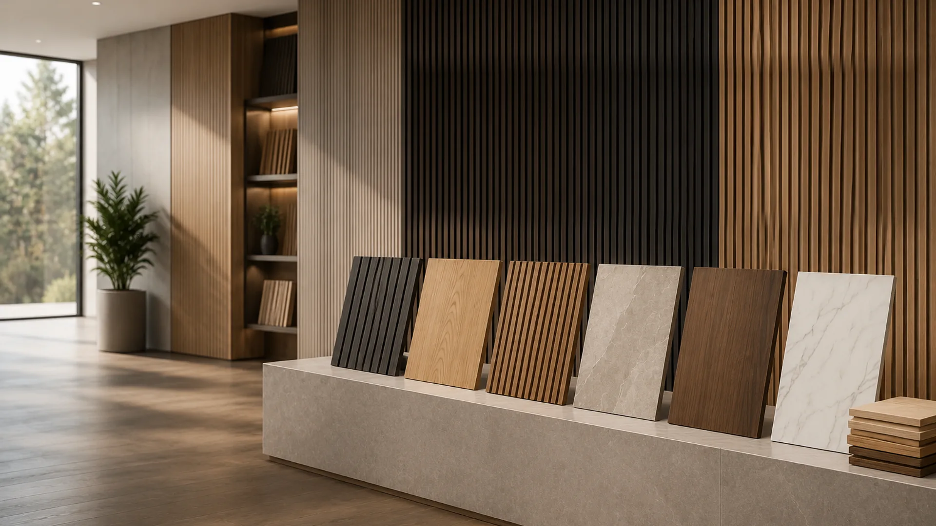 Thewooderny showroom display with decorative wall panel and interior surface material samples