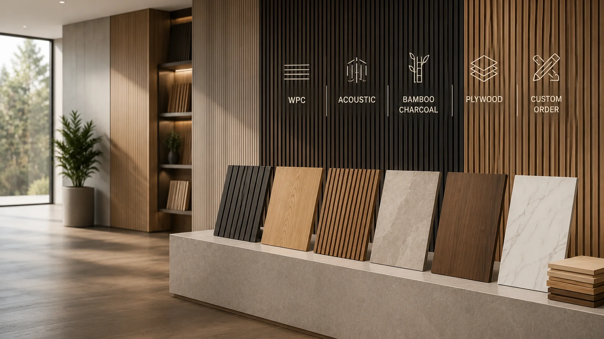 Thewooderny showroom display with WPC acoustic bamboo charcoal plywood and custom order wall panel samples